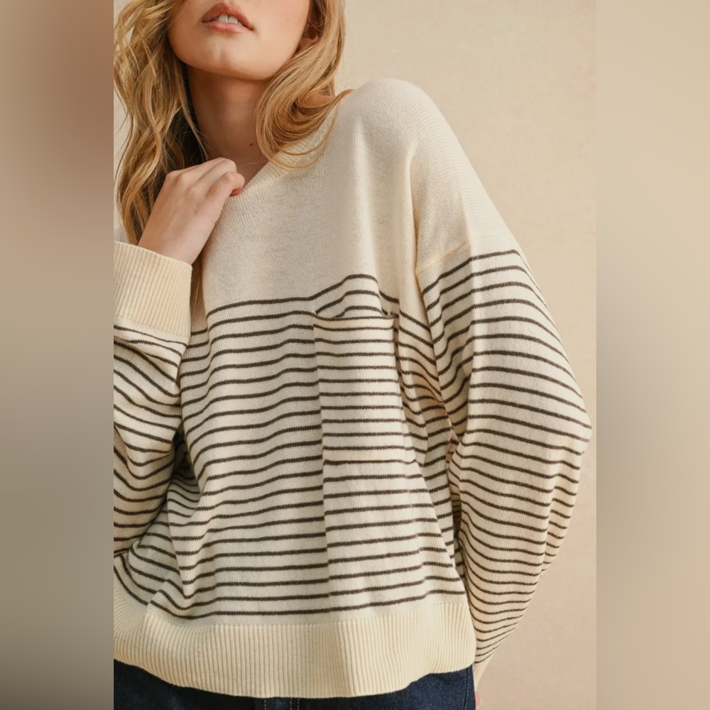 Elegant Striped Cream and Brown Sweater